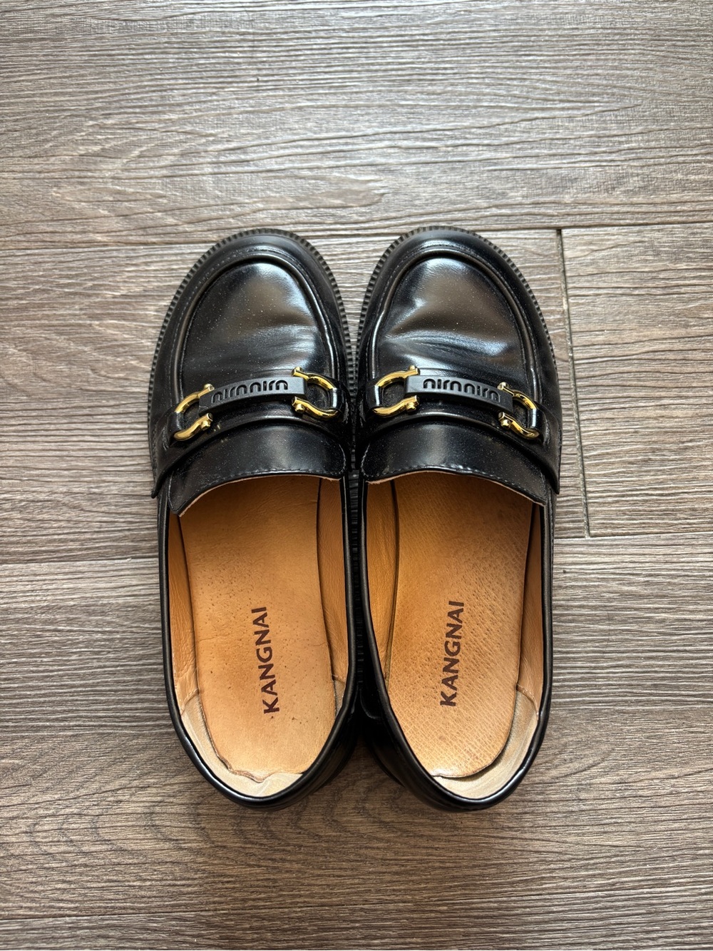 Black Leather Slip-On Loafers with Gold Bit